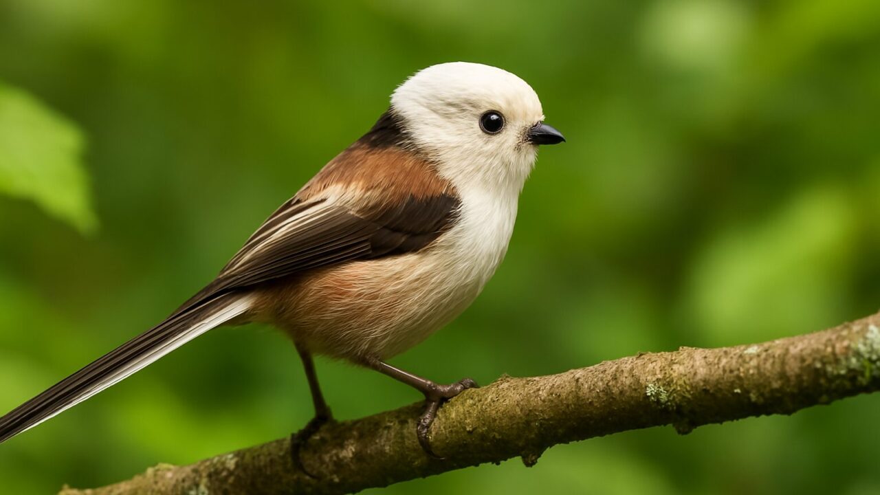 緑の葉が茂る夏の森にいるシマエナガのイメージ