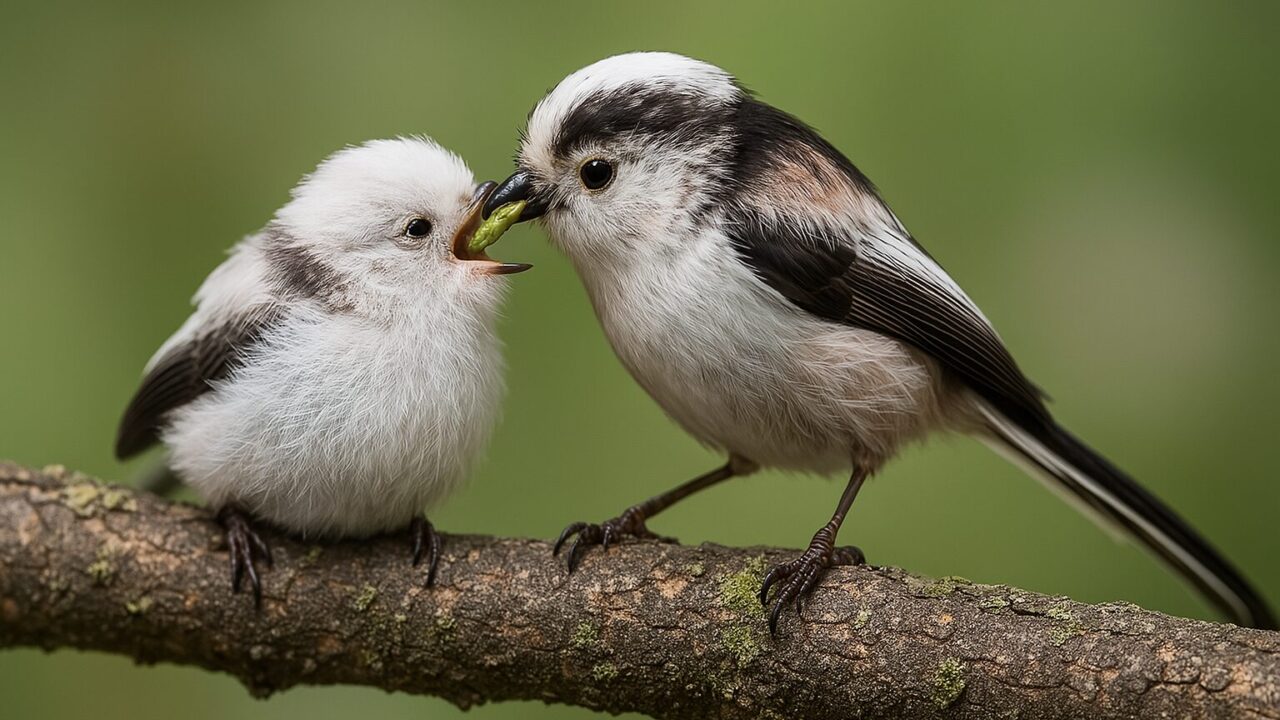 親鳥から小さな餌をもらうシマエナガのヒナのイメージ
