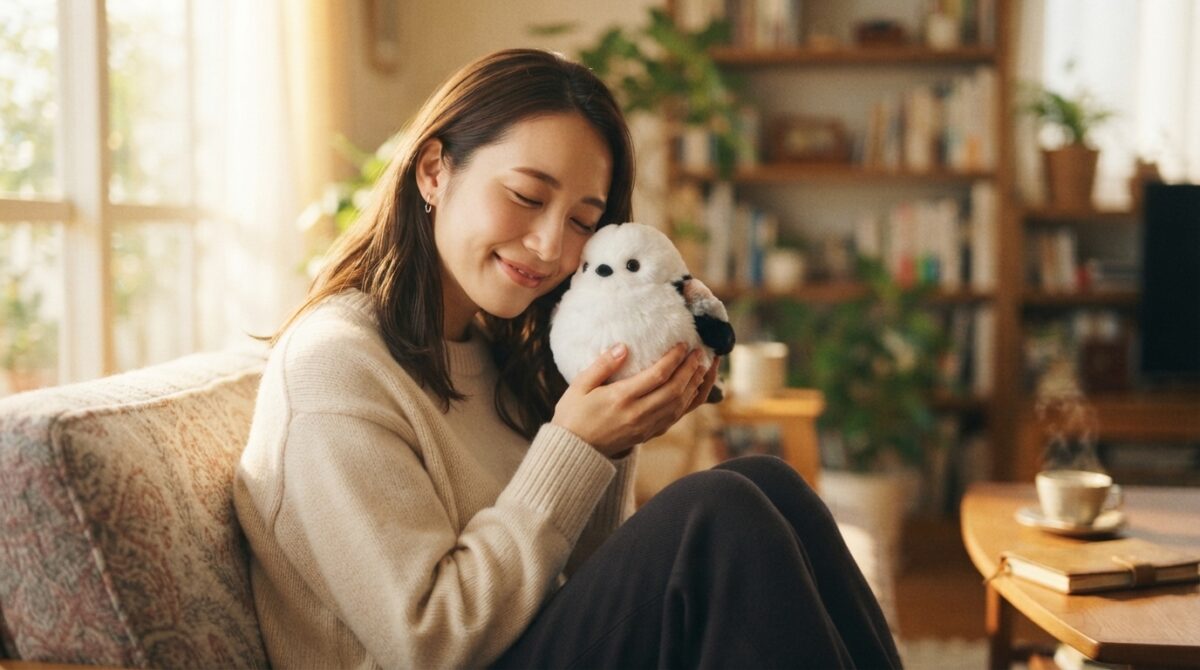 シマエナガのぬいぐるみに頬擦りして癒される女性