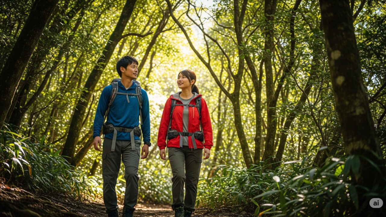 登山する男女