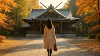 神社にお参りする女性