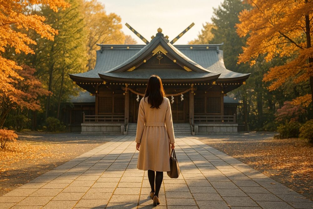 神社にお参りする女性