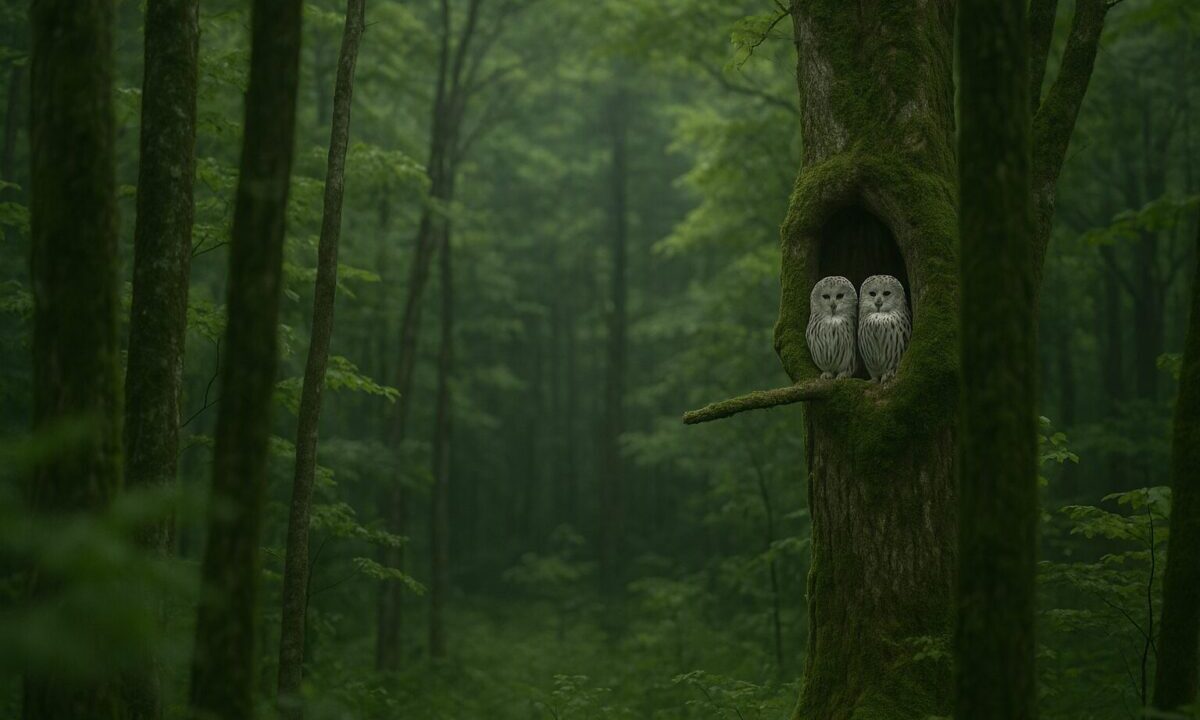 森の中のエゾフクロウつがい