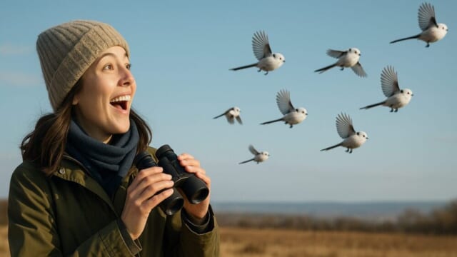 双眼鏡を使って林の中でシマエナガを探す野鳥観察のイメージ