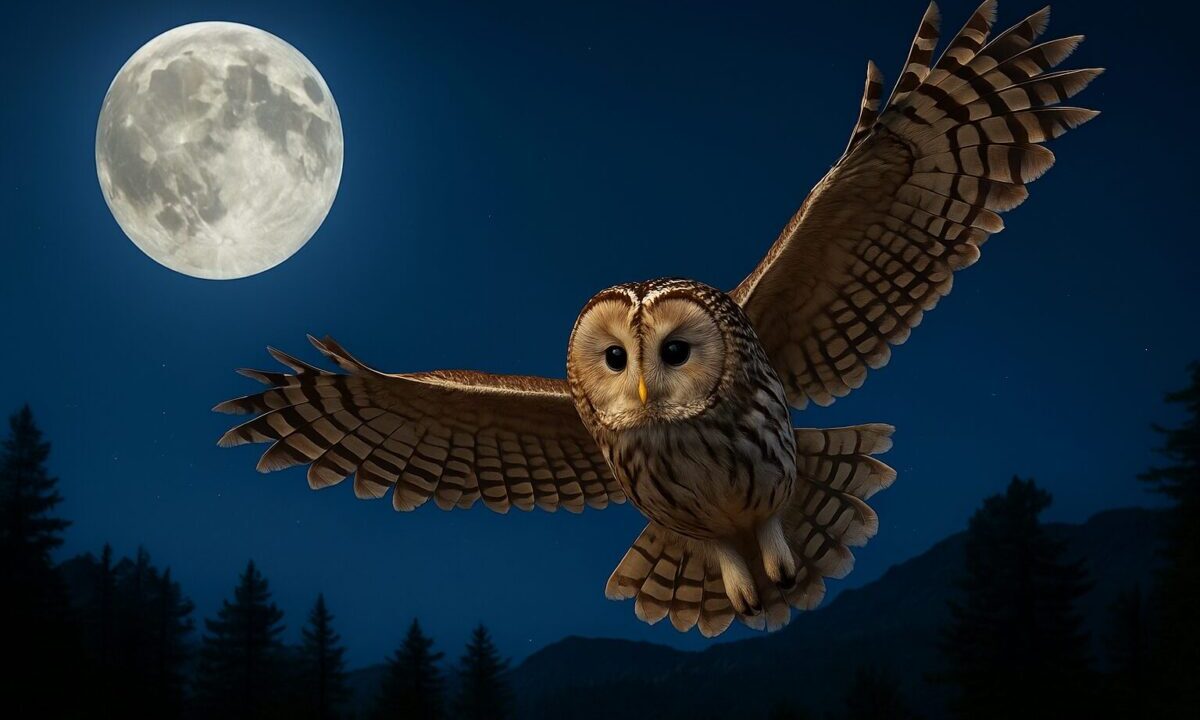 エゾフクロウが飛ぶ