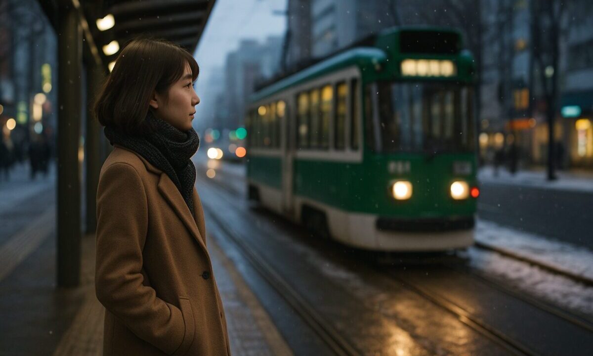 路面電車を待つ女性