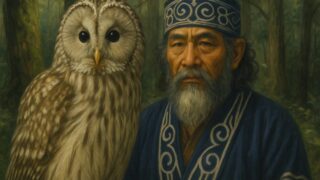 エゾフクロウとアイヌ男性