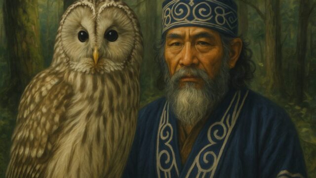 エゾフクロウとアイヌ男性