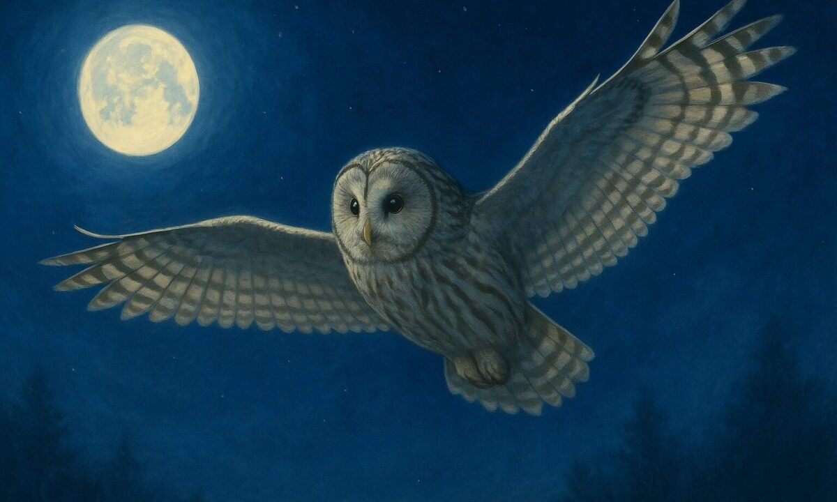 エゾフクロウ夜空を飛ぶ
