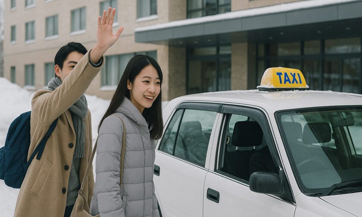 タクシーを呼ぶ観光客