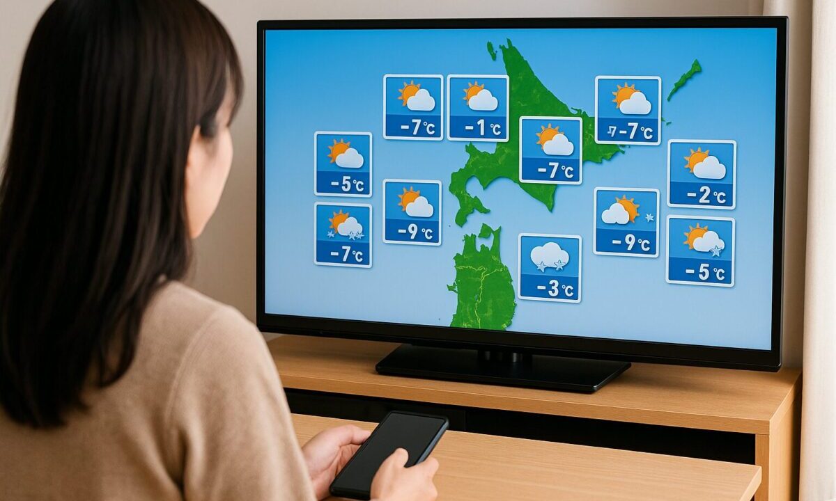 北海道の天気予報を見る女性