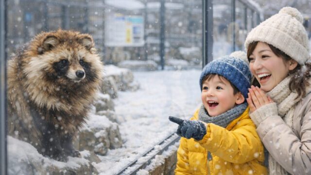 冬のエゾタヌキ　動物園