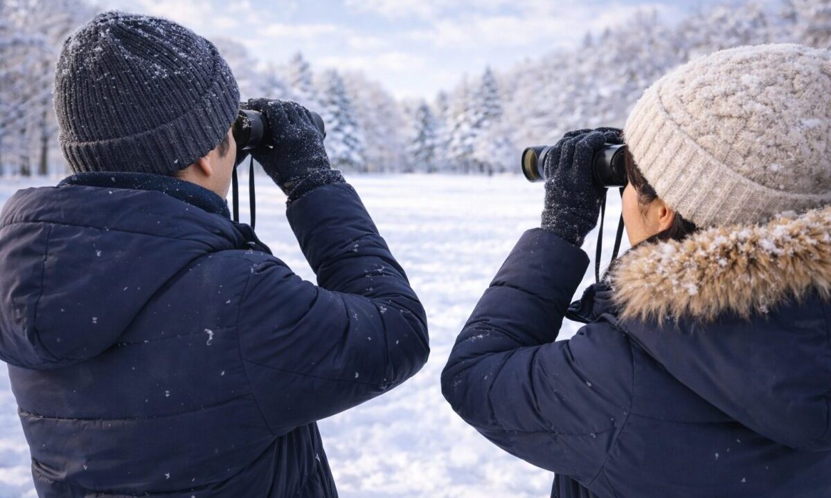 双眼鏡で観察する男女