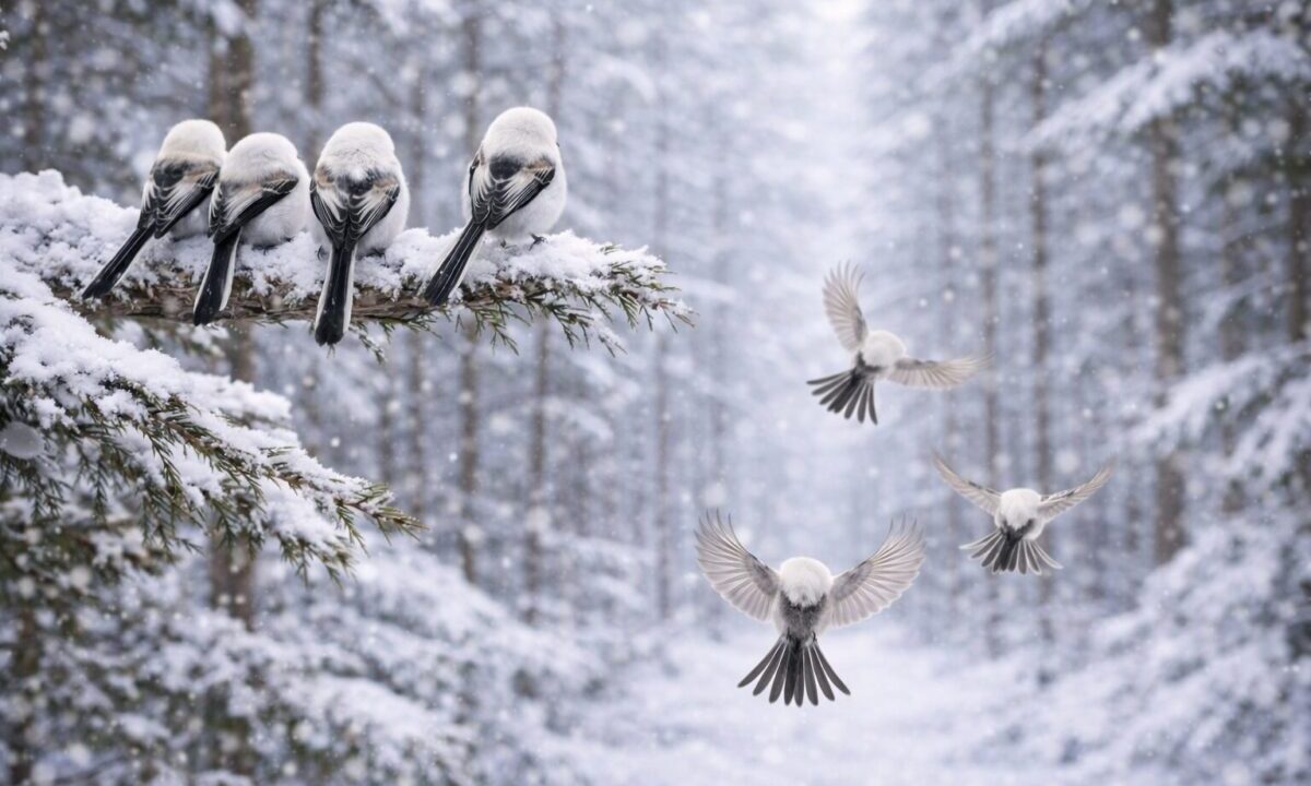 飛んでるシマエナガ　背中