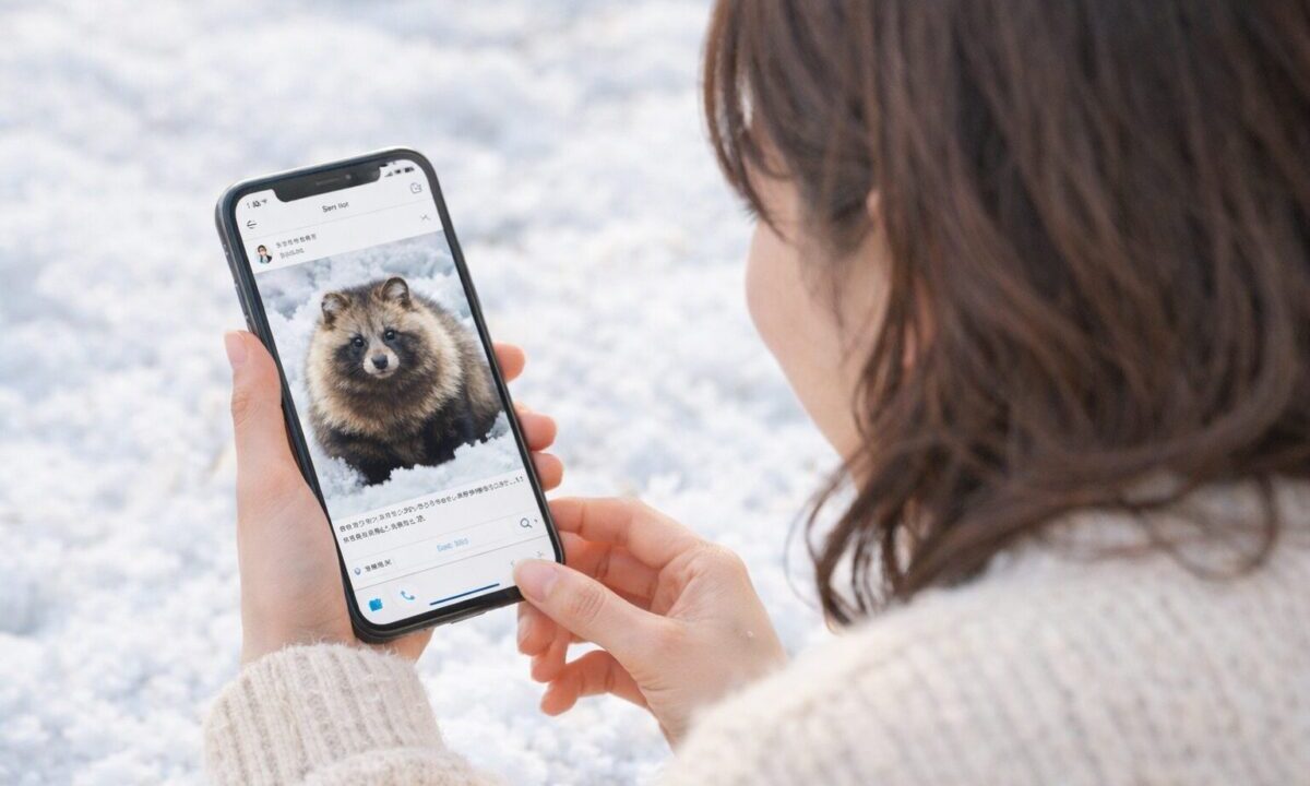 エゾタヌキを見る女性