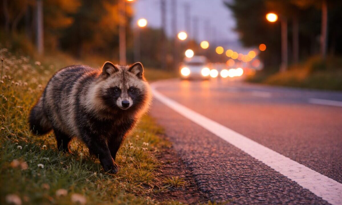 車道にタヌキ