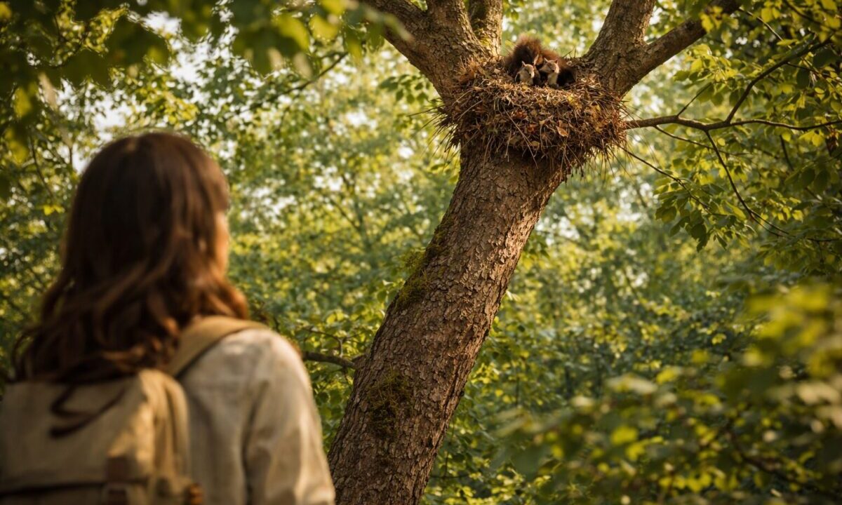 エゾリスの巣を見上げる