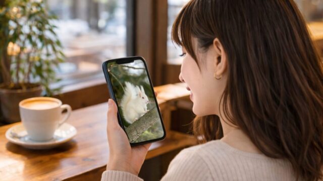 白いエゾリスを見る女性