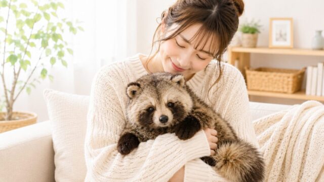 エゾタヌキのぬいぐるみを抱いている女性