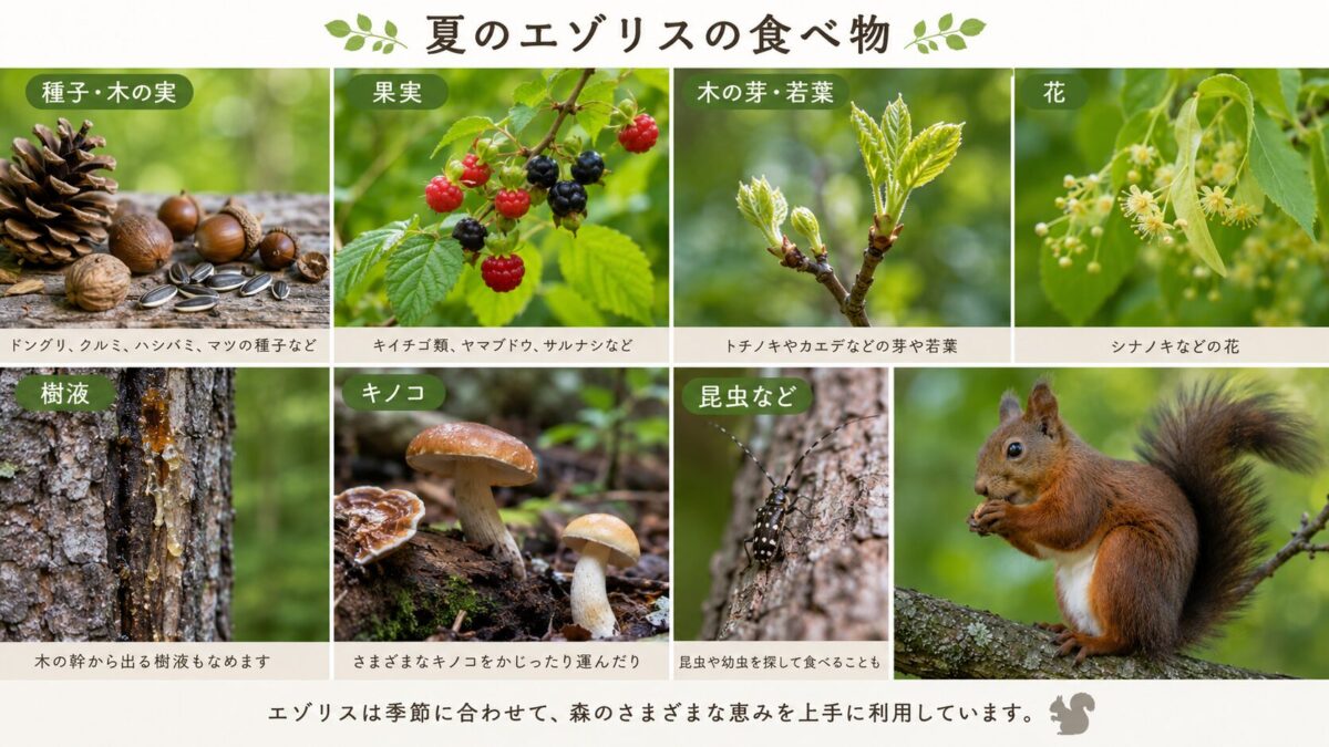 夏のエゾリスの食べ物
