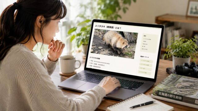 エゾタヌキを調べる女性
