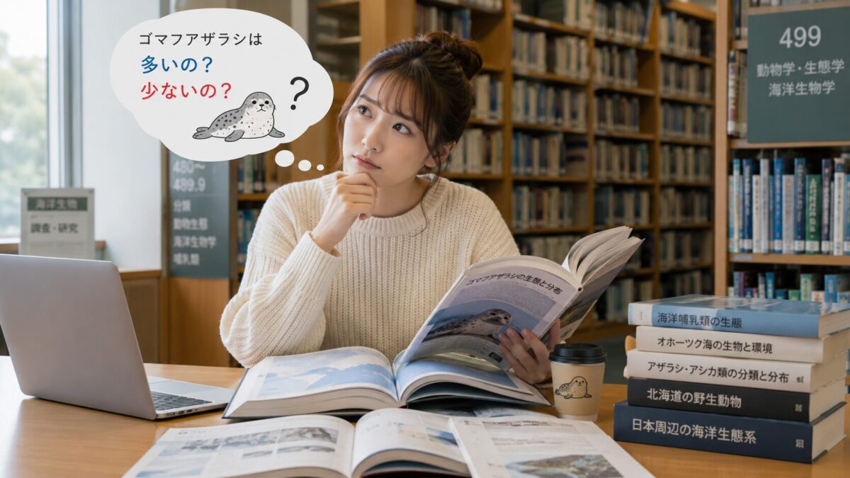 ゴマフアザラシについて調べる女性