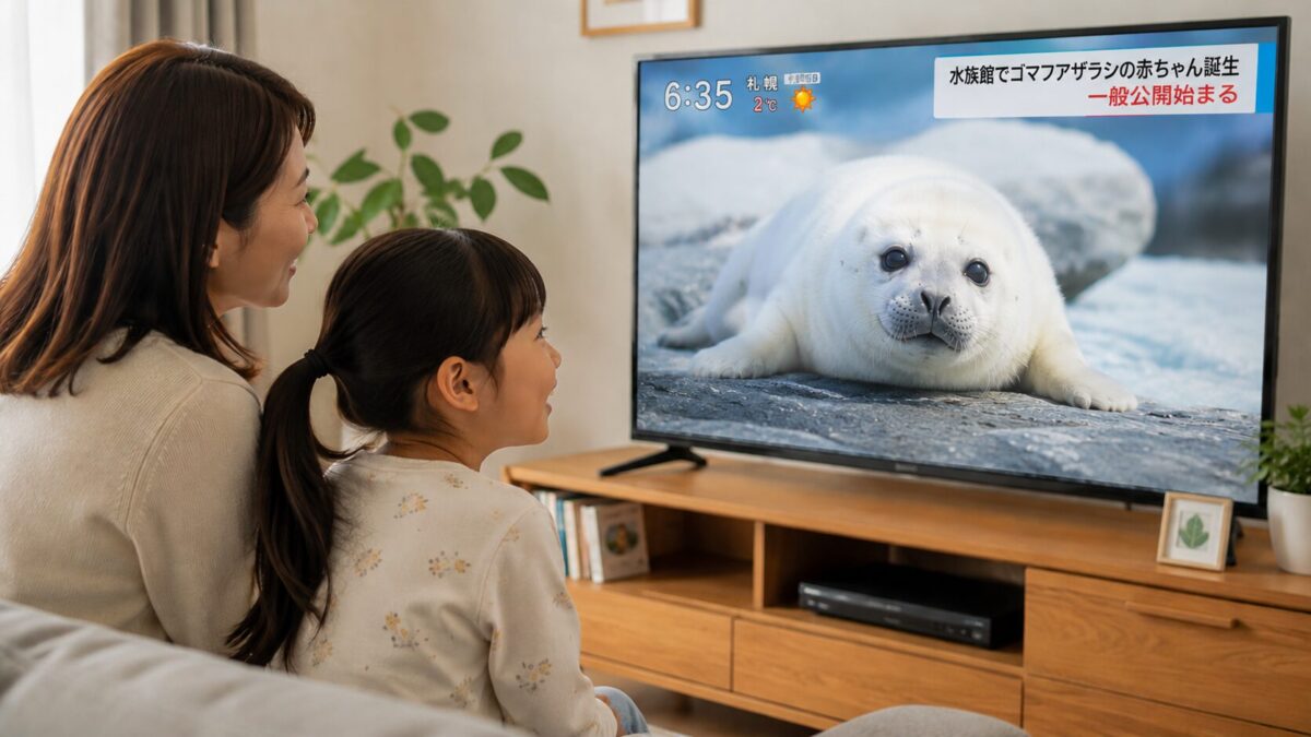 テレビに映るゴマフアザラシの赤ちゃん