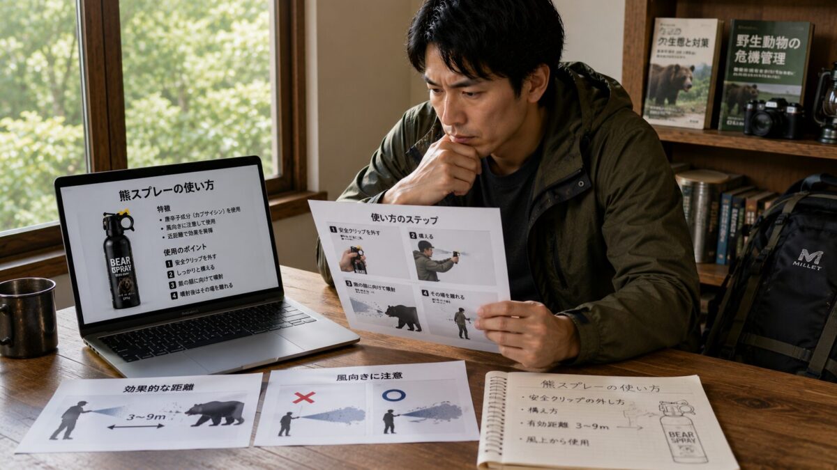熊スプレーの使い方を調べる
