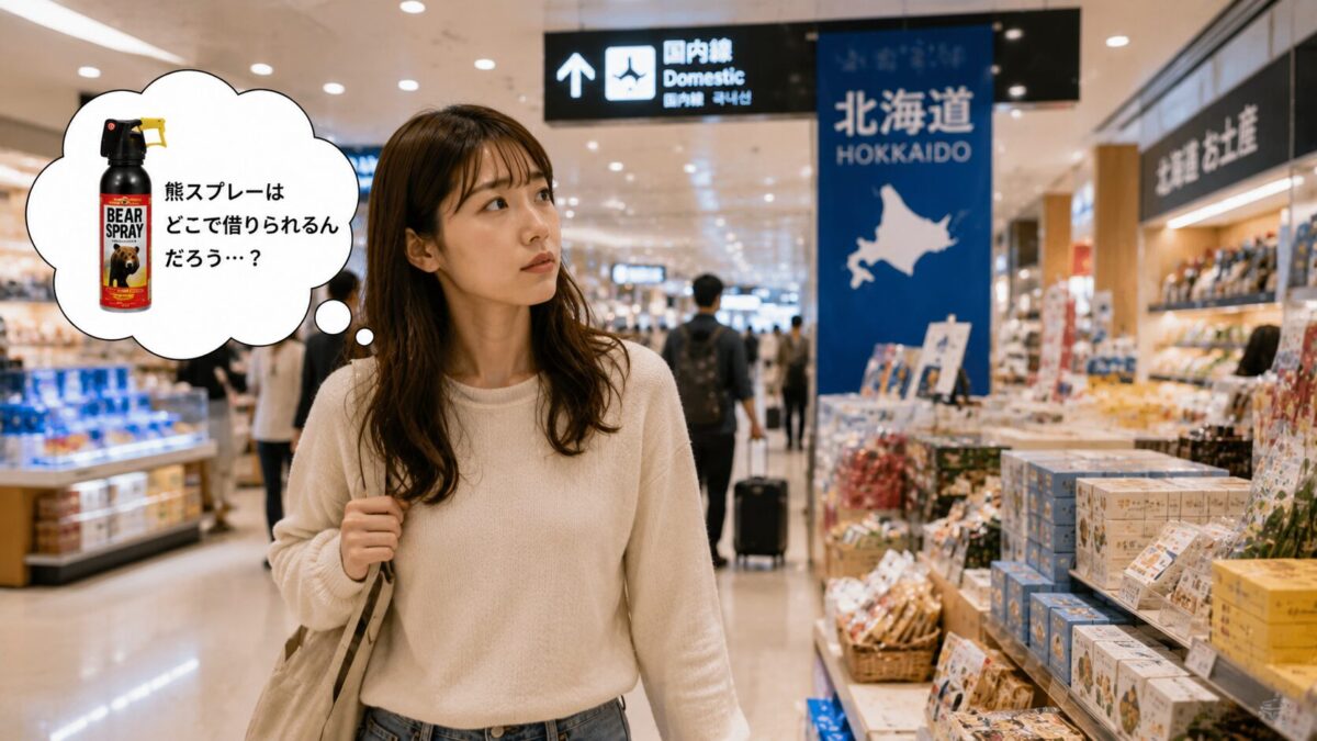 空港で熊スプレーを探す女性