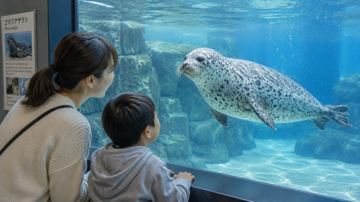 ゴマフアザラシを見る親子