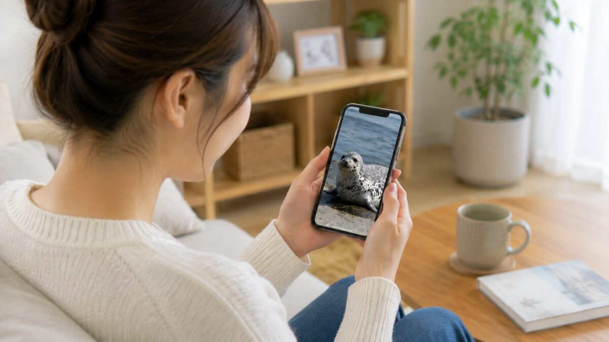 スマホでアザラシを見る女性