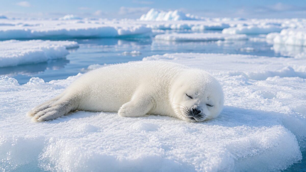 氷原で眠るアザラシの赤ちゃん
