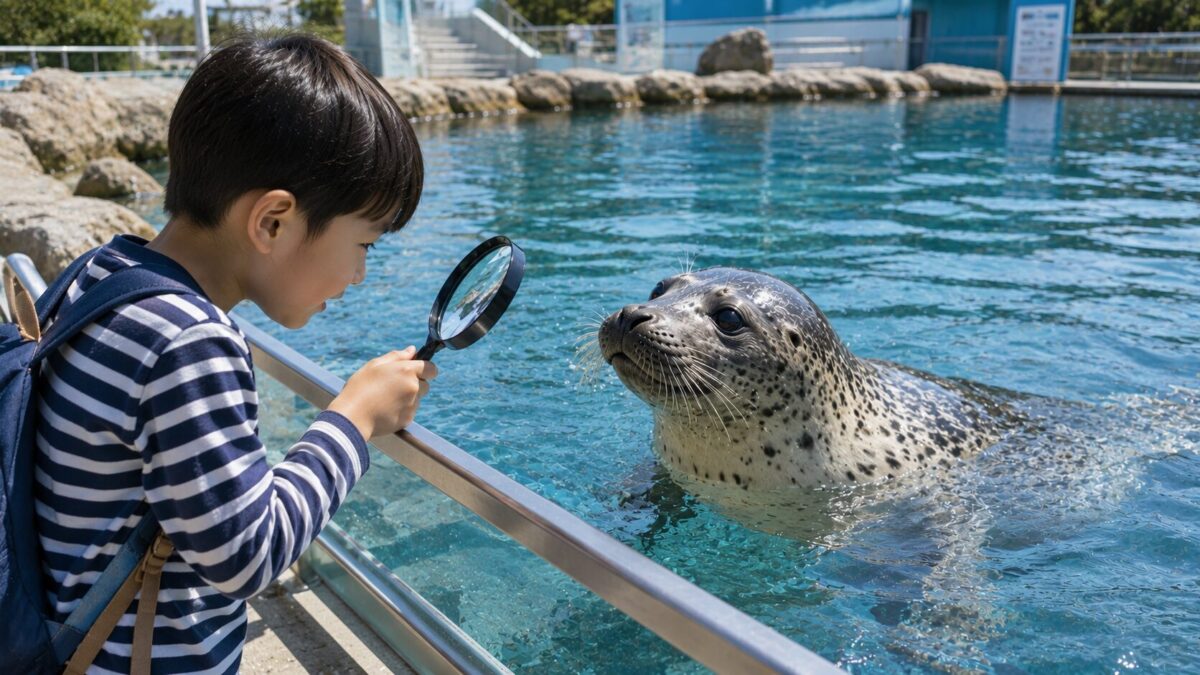 水族館でアザラシを観察する少年