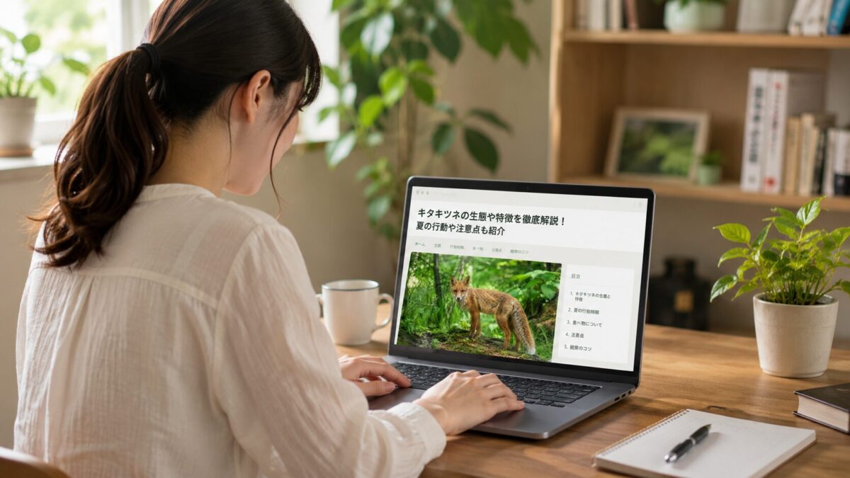 キタキツネを学ぶ女性