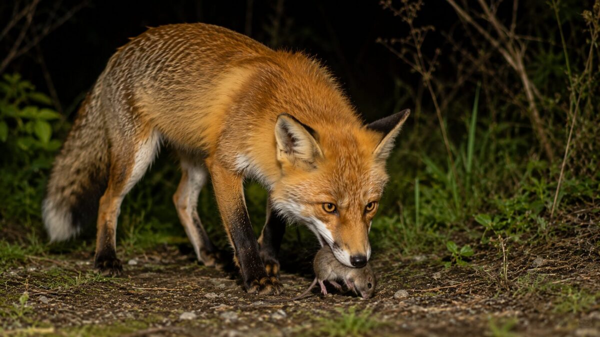 野ネズミを食べるキタキツネ