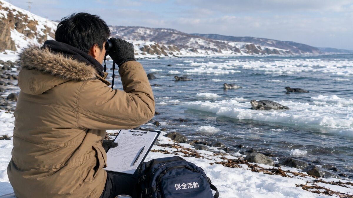 冬の海岸での観察活動