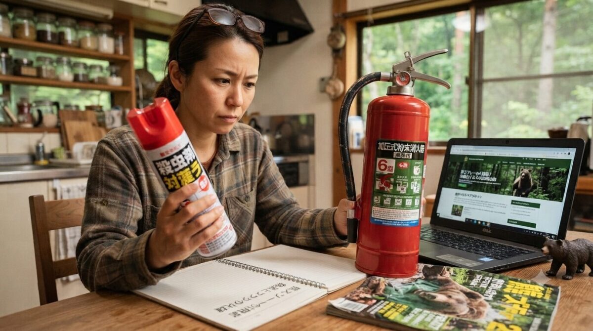 殺虫剤と消火器を持つ女性