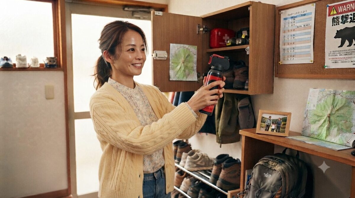熊スプレーをしまう女性
