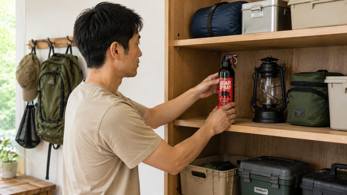 熊スプレーをしまう男性