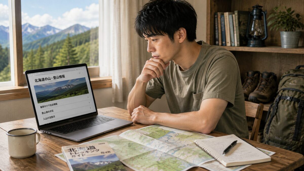 登山計画する男性