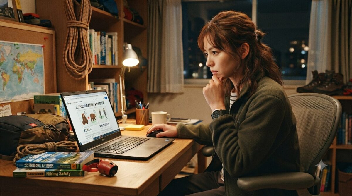 ヒグマ対策を調べる女性