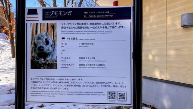 おびひろ動物園に設置されたエゾモモンガの解説パネル