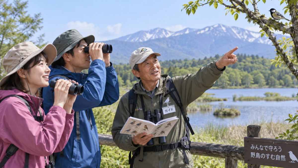 ガイドさんと野鳥観察をする人